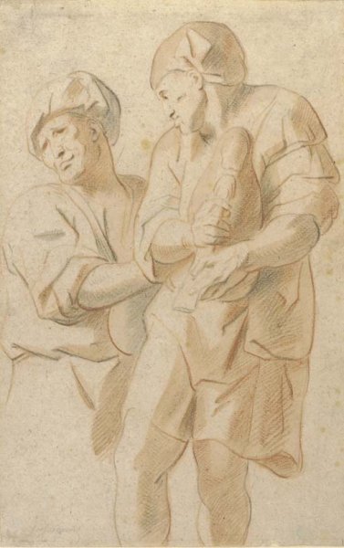 Two figures, one playing the bagpipes