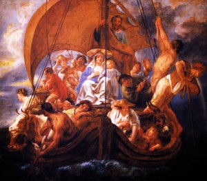 The Holy Family with characters and animals in a boat