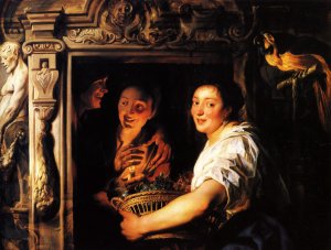 Servant with a fruit basket and a pair of lovers